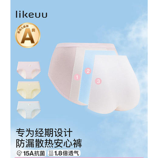 【E】likeuu少女内裤生理期安心裤经期安全裤15A抗菌发育大童初高中生两条装LC3161061 商品图0