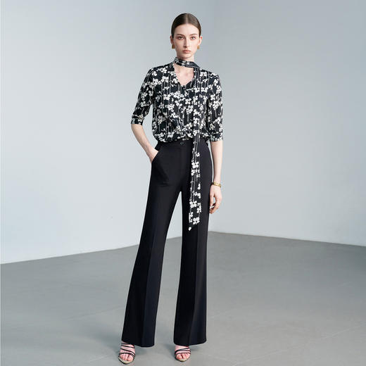 IWY/职场穿搭黑色碎花系带长袖衬衫女高级感时尚穿搭上衣工作服6B02+P2357 商品图0