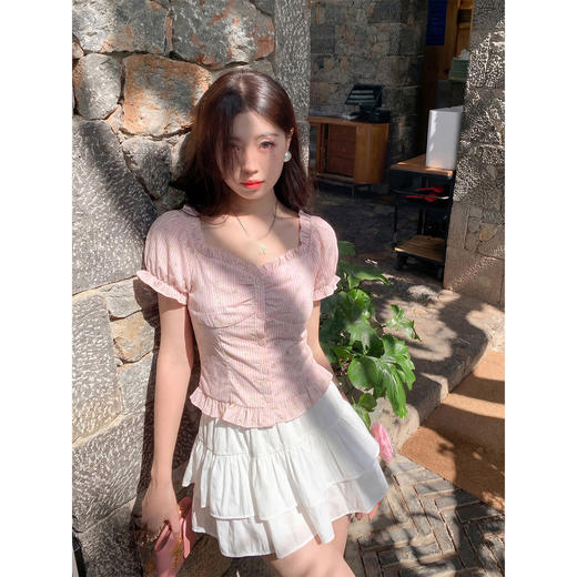 <曾小咸推荐>方领泡泡袖条纹衬衫短袖【预售7-15天发货】 商品图2