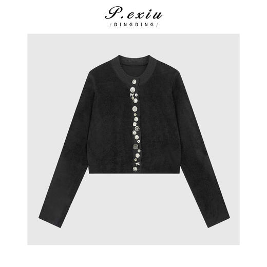 03-5潘依绣丁丁宠粉法式小香风重工纽扣绒面肌理感拼接圆领长袖外套Q72451 商品图0