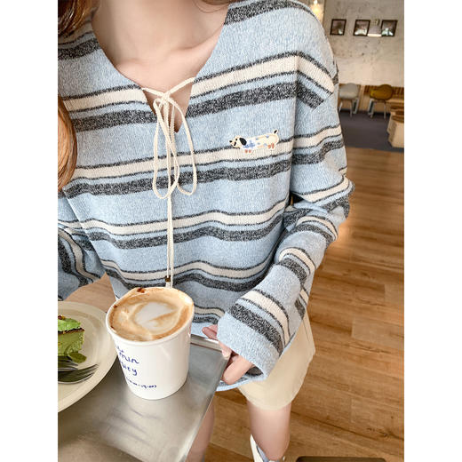 <曾小咸推荐>3.31现货秒杀 ！微信超特价！韩系条纹绑带针织长袖 日常189.99 立减110 秒杀79.99！！ 商品图1