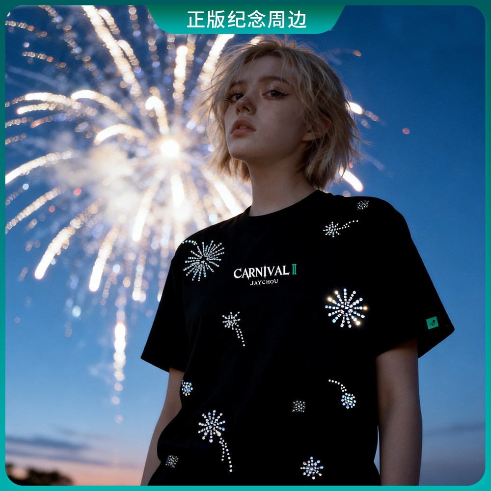 周杰伦欢乐嘉年华星光闪钻刺绣黑T演唱会MRJ宽松版型男女同款