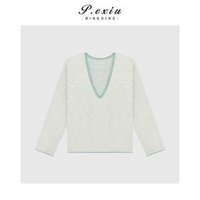 03-5潘依绣丁丁宠粉复古慵懒撞色V领长袖针织上衣Q69544