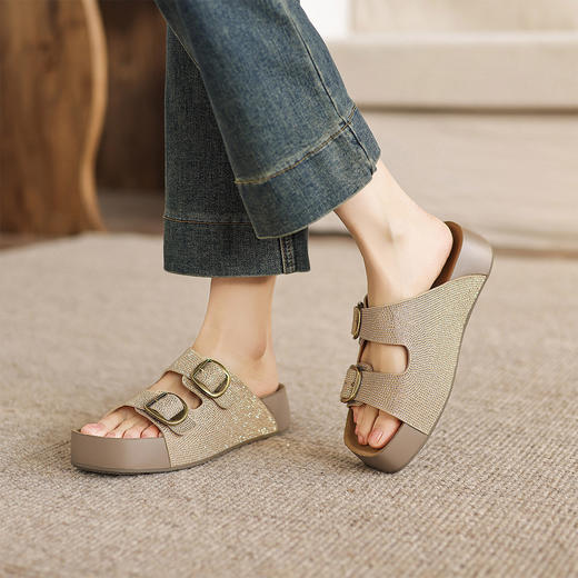 阿么手工女鞋厚底防滑夏季勃肯鞋女方头一字时装软底半拖鞋4.5CM 商品图3