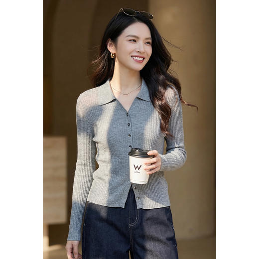 16针精纺羊毛混纺针织衫 米思阳2026春新款减龄显瘦小翻领单排扣弹力针织衫上衣女1151/1110 商品图6