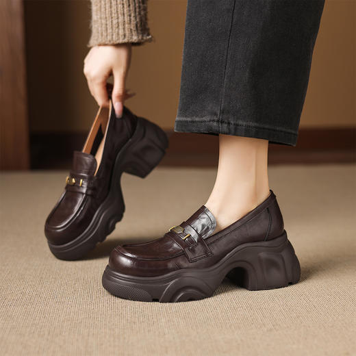 阿么手工女鞋厚底不累脚一脚蹬jk小皮鞋时尚真皮乐福鞋软底6.5CM 商品图2