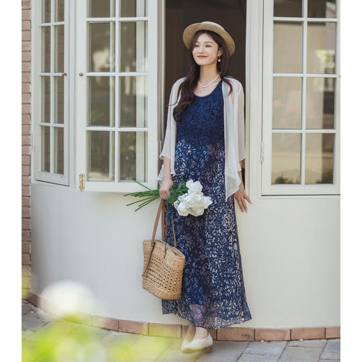 【林栖设计小店】【林栖推荐】2026夏季新款无袖蕾丝拼接真丝印花连衣裙N1961348 商品图0