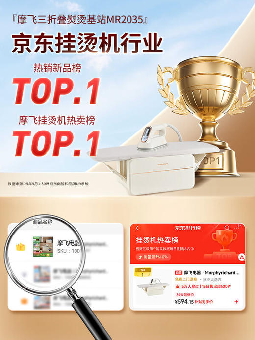 摩飞电器（Morphyrichards）三折叠熨烫机站挂烫机家用手持熨烫机蒸汽电熨斗杀菌除螨折叠收纳脉冲增压蒸汽熨烫台 MR2035 商品图1