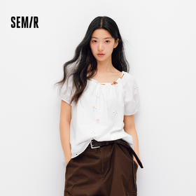 森马短袖衬衫女夏季短款串珠方领泡泡袖白色2026新款法式可爱上衣