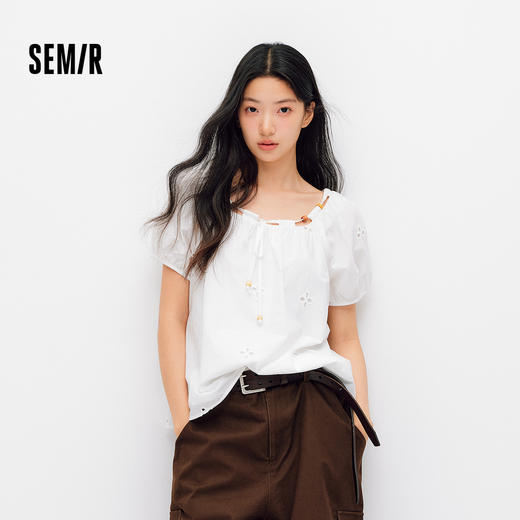 森马短袖衬衫女夏季短款串珠方领泡泡袖白色2026新款法式可爱上衣 商品图0