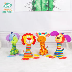 Happy monkey婴儿牙胶手摇铃毛绒玩具可啃咬安抚宝宝新生儿玩具