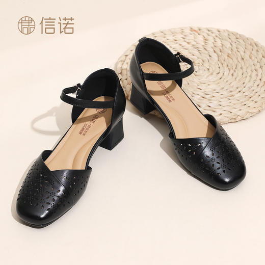 信诺真皮粗跟高跟鞋凉鞋女款2026新款春夏包头中空镂空透气单鞋子X6L134-90 商品图0