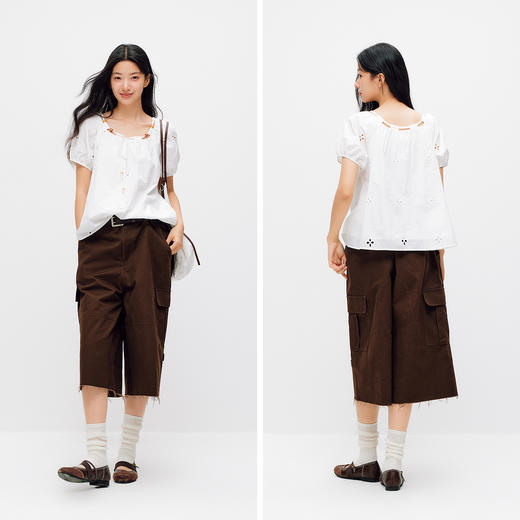 森马短袖衬衫女夏季短款串珠方领泡泡袖白色2026新款法式可爱上衣 商品图4