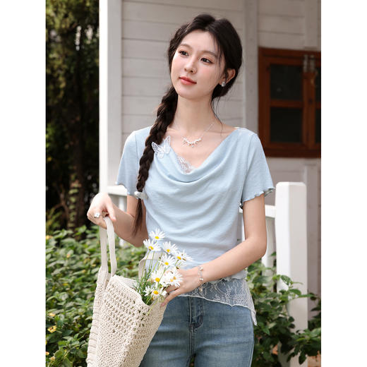 鹿向南【0330/20:00新品前一小时7折限量100件】浅蓝色T恤 商品图2