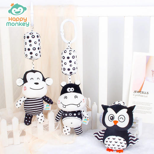Happy monkey黑白床挂摇铃婴儿推车挂件动物风铃宝宝早教玩具 商品图0