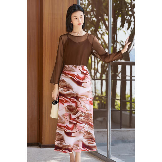 咖色罩衫+印花半身裙套装女3891 商品图1