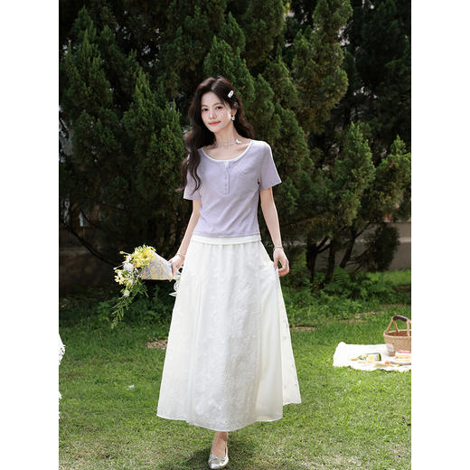 鹿向南【0331/20:00新品前1小时7折限量100件】紫色假两件短袖T恤 商品图1