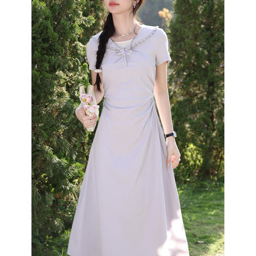 鹿向南「妍曲芙音」法式温柔灰紫色连衣裙女夏季新款收腰显瘦长裙 商品图1