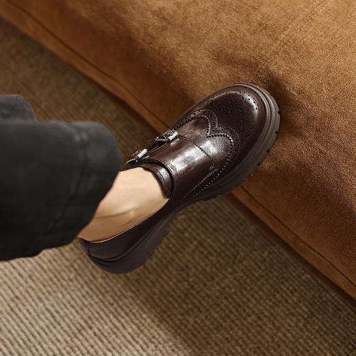 阿么手工女鞋春款厚底乐福鞋真皮英伦风复古皮带扣一脚蹬单鞋4CM 商品图4