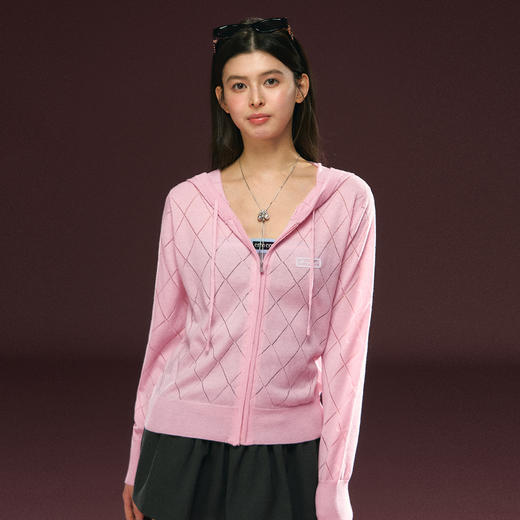 Ariseism 美式复古粉色菱格连帽针织外套女春季新款上衣 商品图2