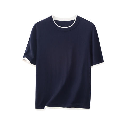 【门店同款】100%莱赛尔天丝圆领短袖针织衫女撞色边极简通勤上衣 商品图1