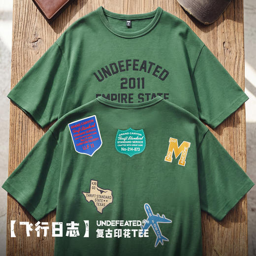马登工装美式章仔印花T恤绿色小众圆领正肩设计感短袖上衣男款夏 商品图0