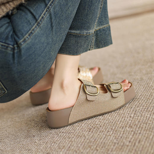 阿么手工女鞋厚底防滑夏季勃肯鞋女方头一字时装软底半拖鞋4.5CM 商品图4