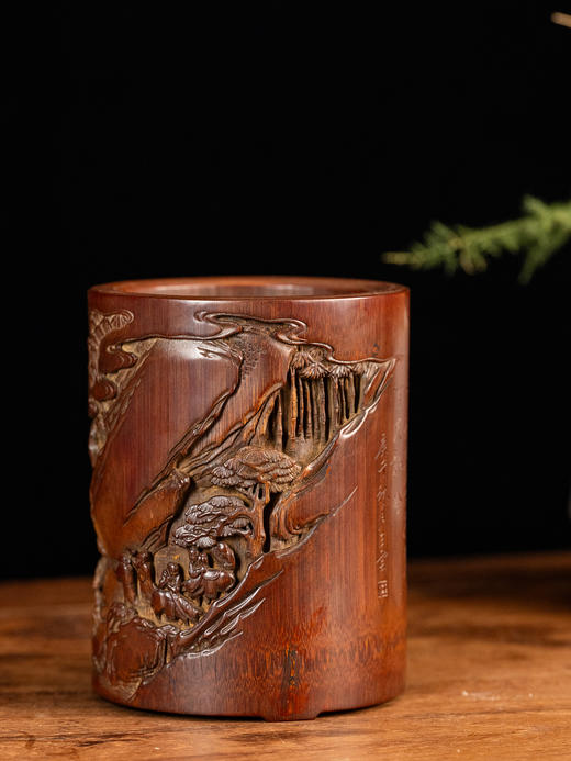 清	竹雕山水人物诗文笔筒 商品图1