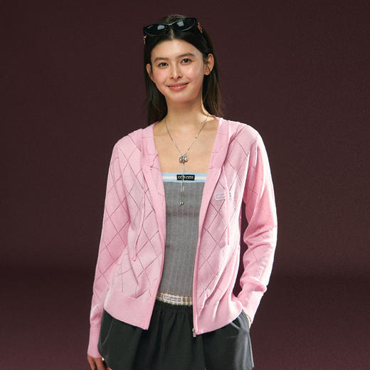 Ariseism 美式复古粉色菱格连帽针织外套女春季新款上衣 商品图0