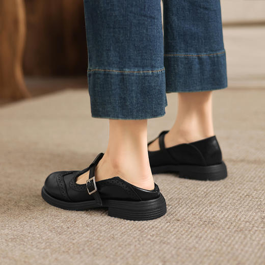 阿么手工女鞋春季百搭复古雕花真皮小皮鞋女英伦风丁字扣单鞋3CM 商品图3