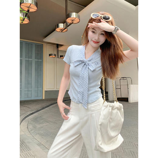 <曾小咸推荐>波点蝴蝶结系带短袖T恤上衣【预售7-15天发货】 商品图4