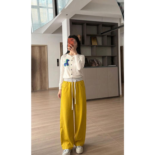 M吉*拉~高级感拼色抽绳松紧腰宽松天丝休闲裤女显瘦阔腿裤 商品图2