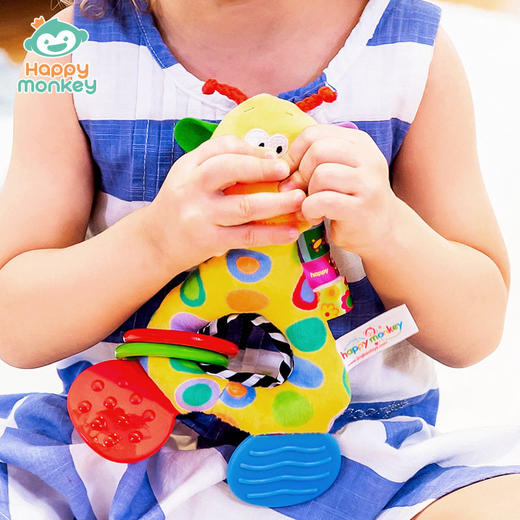 Happy Monkey动物造型带牙胶BB器手抓玩具 婴儿玩具O型手握摇铃 商品图1