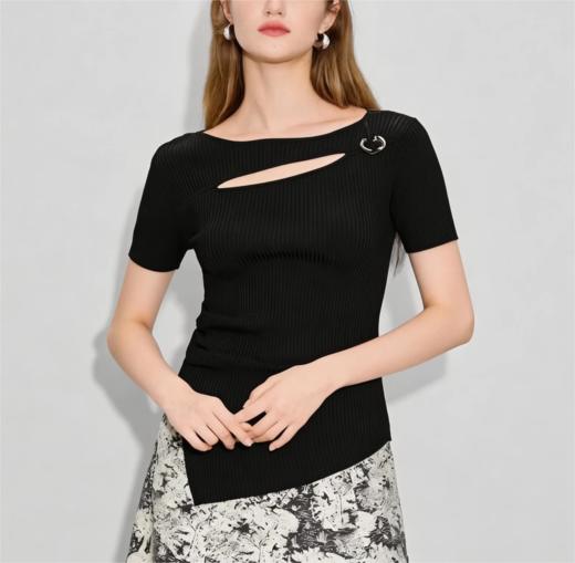 米思阳优雅镂空短袖针织衫女5Y25AU5413 商品图1