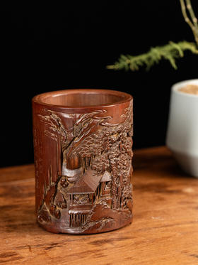 清	竹雕山水人物诗文笔筒