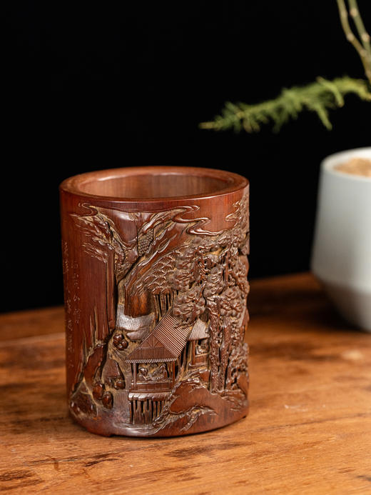 清	竹雕山水人物诗文笔筒 商品图0