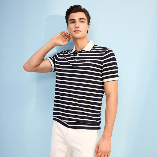 【棉混纺】德鲨短袖条纹POLO衫男2026夏新品撞色休闲上衣翻领T恤 商品图1