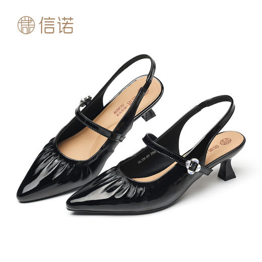 信诺真皮女鞋2026夏季新款百搭时尚软底舒适细跟尖头法式时装凉鞋X6L134-86 商品图4