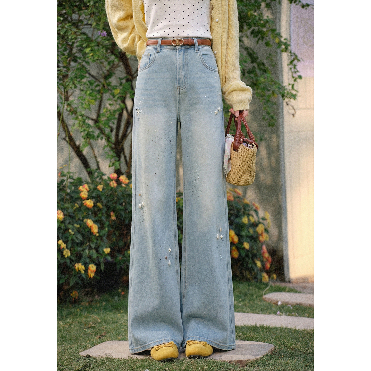 鹿向南「暖煦拾光」韩系浅蓝色阔腿直筒牛仔裤女春季宽松显瘦长裤