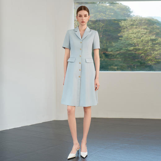 IWY/夏季蓝色短袖西装连衣裙女高级感气质收腰裙子正式场合职业裙6Q19 商品图0