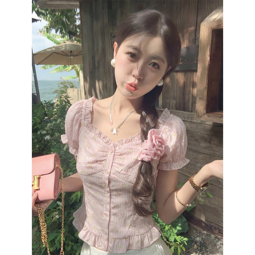 <曾小咸推荐>方领泡泡袖条纹衬衫短袖【预售7-15天发货】 商品图0