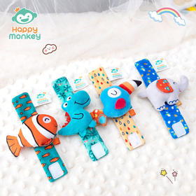 Happy monkey婴儿手腕带摇铃玩具宝宝卡通动物手表带新生儿礼物