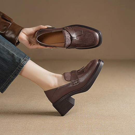 阿么手工女鞋2026新款高跟乐福鞋女款通勤软底复古百搭小皮鞋6CM 商品图2