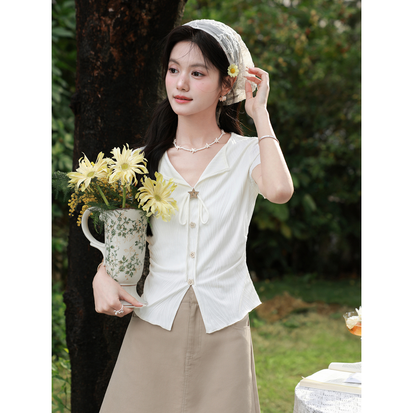 鹿向南【0330/20:00新品前一小时5折限量100件】米白色T恤