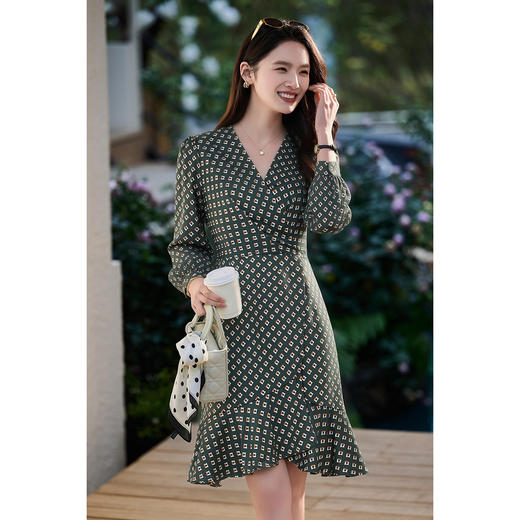 芳外 墨绿色印花连衣裙女0053 商品图0