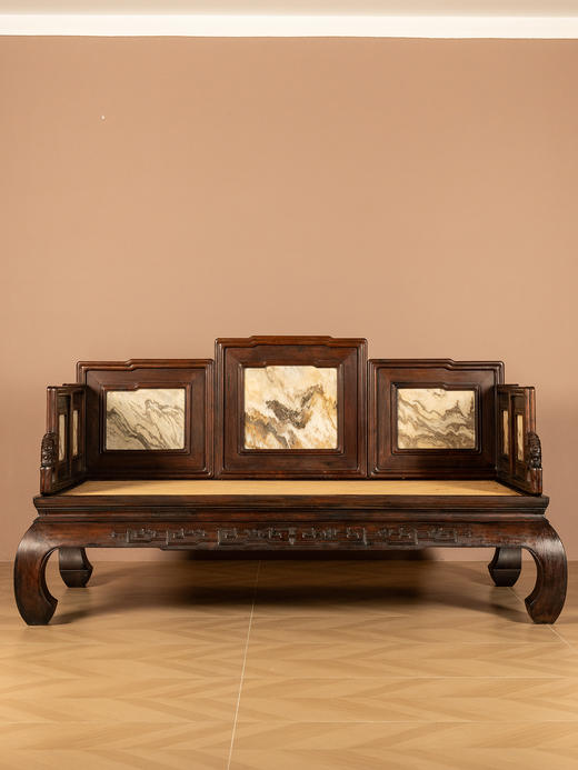 清	红木镶云石七围屏罗汉床 商品图0