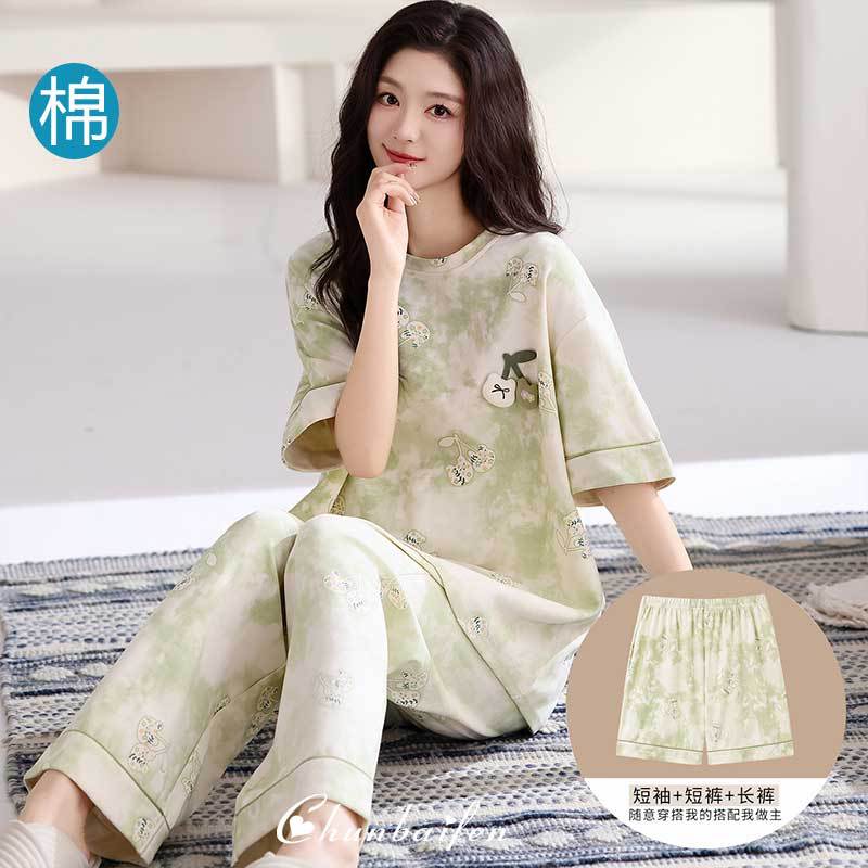 2026新款夏季纯棉短袖三件套装 可外穿少女家居服睡衣
