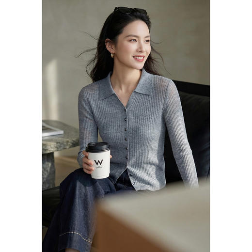 16针精纺羊毛混纺针织衫 米思阳2026春新款减龄显瘦小翻领单排扣弹力针织衫上衣女1151/1110 商品图1