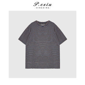 03-5潘依绣丁丁宠粉复古百搭条纹圆领短袖T恤Q3644