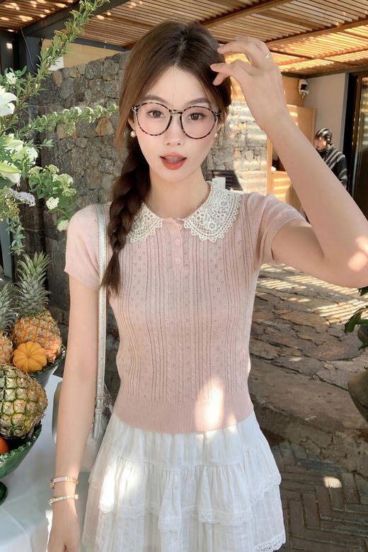 <曾小咸推荐>蕾丝娃娃领2色针织短袖气质【预售7-15天发货】 商品图5